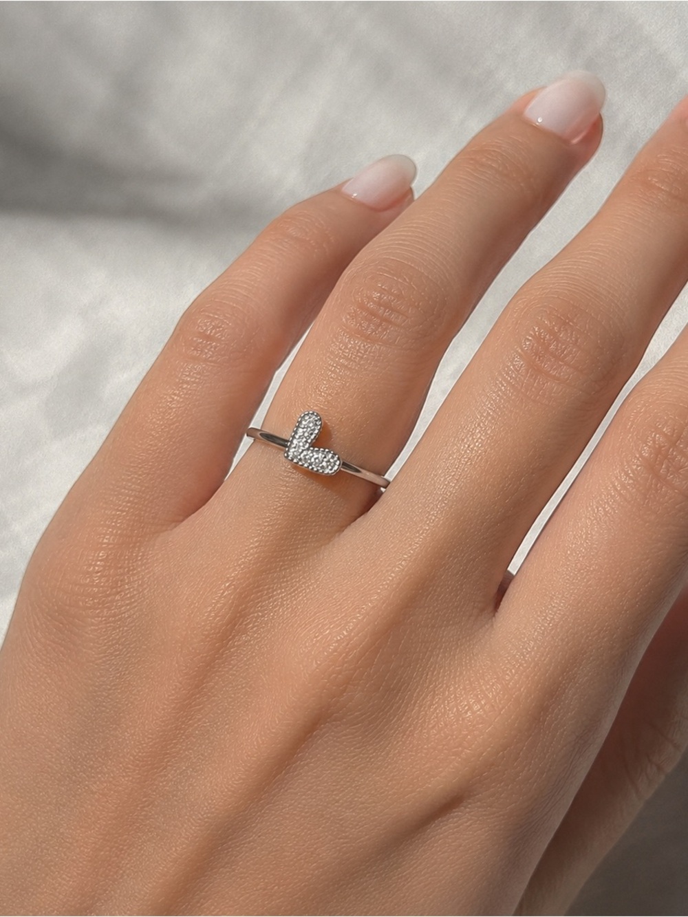 925 Sterling Dainty Silver Heart Ring with Pavé Crystals